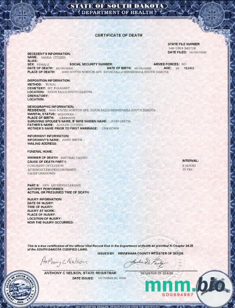 USA South Dakota state śmierć certyfikat szablon w formacie PSD